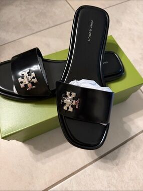 Tory Burch Black Patent Logo Slide Sandals with Silver Emblem